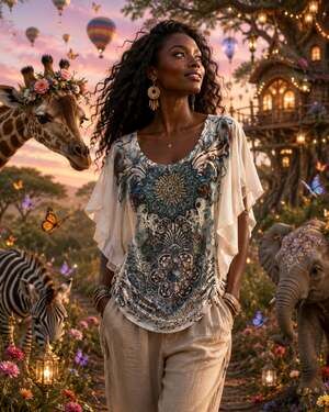 Y2k Espresso Women's Embellished Mandala Butterfly Sheer Sleeve Top Sz.M